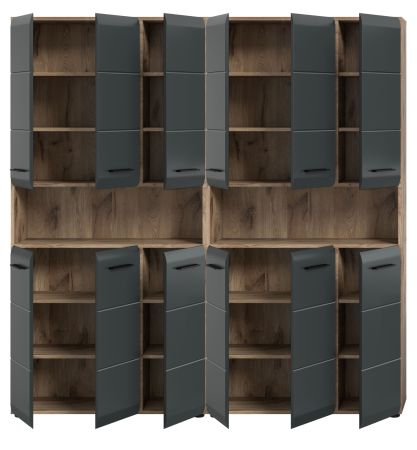 Badezimmer Hochschrank Set Cover in schwarz matt und Nox Eiche 2x Mehrzweckschrank 180 x 185 cm