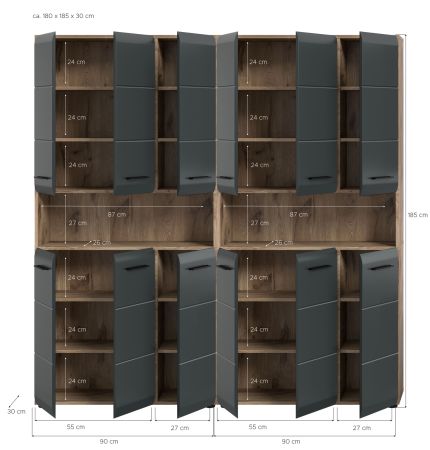 Badezimmer Hochschrank Set Cover in schwarz matt und Nox Eiche 2x Mehrzweckschrank 180 x 185 cm