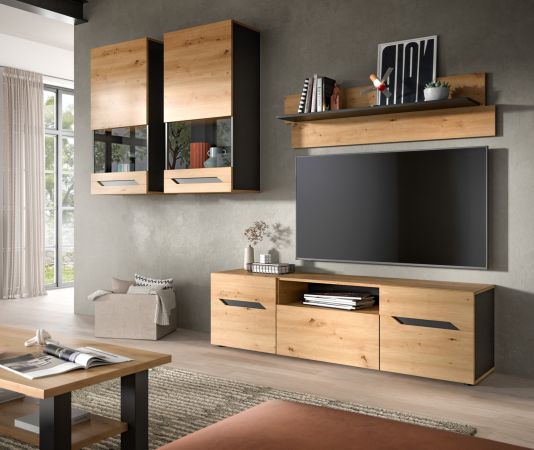 Wohnwand 4-teilig Aversa in Artisan Eiche und grau Set mit 2x Vitrine h�ngend / stehend