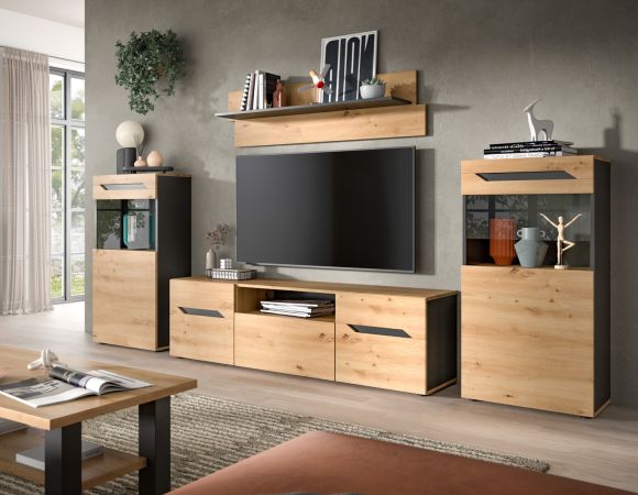 Wohnwand 4-teilig Aversa in Artisan Eiche und grau Set mit 2x Vitrine h�ngend / stehend