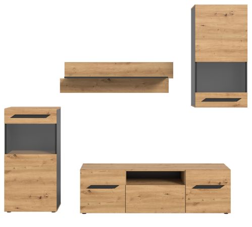 Wohnwand 4-teilig Aversa in Artisan Eiche und grau Set mit 2x Vitrine h�ngend / stehend