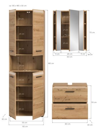 Badm�bel Set 3-teilig Cover in Artisan Eiche 135 x 185 cm, mit 4-t�rigem Hochschrank