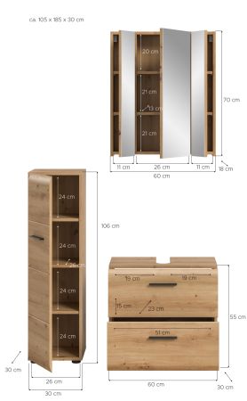 Badm�bel Set 3-teilig Cover in Artisan Eiche Badkombination 105 x 185 cm