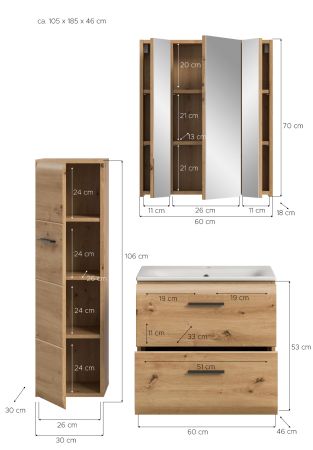 Badm�bel Set 3-teilig Cover in Artisan Eiche Badkombination 105 x 185 cm