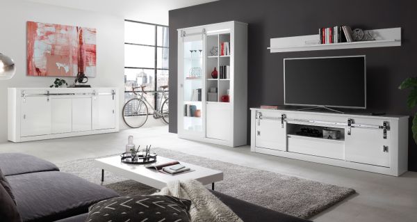 Vitrine Miami in wei� Hochglanz Vitrinenschrank 133 x 201 cm, Soft-Close
