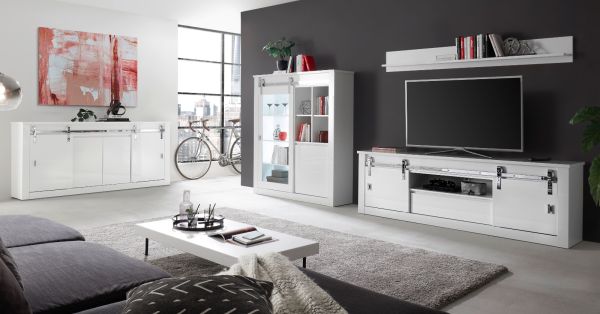 Wohnwand Miami in wei� Hochglanz Wohnkombination 2-teilig 349 x 153 cm, Soft-Close