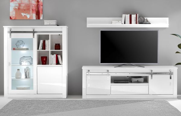 Wohnwand Miami in wei� Hochglanz Wohnkombination 3-teilig 349 x 170 cm, Soft-Close