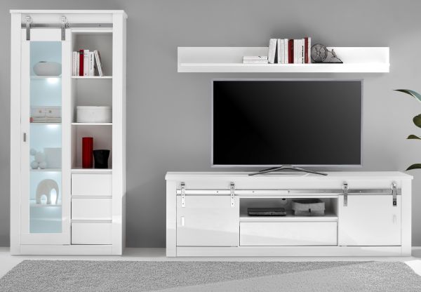Wohnwand Miami in wei� Hochglanz Wohnkombination 3-teilig 309 x 201 cm, Soft-Close