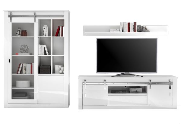 Wohnwand Miami in wei� Hochglanz Wohnkombination 3-teilig 349 x 201 cm, Soft-Close