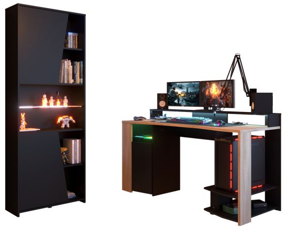 Parisot Gaming Set Meta Schwarz und Eiche Gamingtisch und Schrank inkl. LED mit Farbwechsel