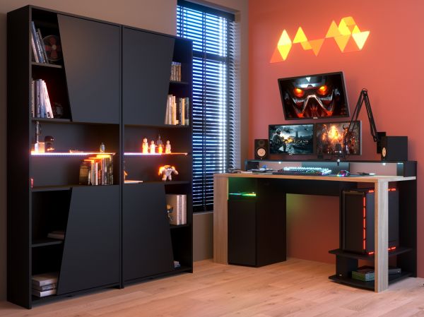 Parisot Gaming Set Meta in schwarz und Eiche Gamingtisch und Schrank inkl. LED mit Farbwechsel