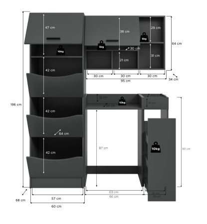 Waschmaschinenschrank Flexy in grau Set 4-teilig 155 x 196 cm