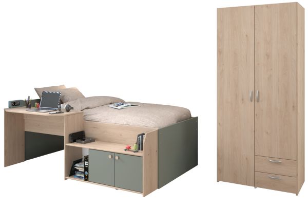 Parisot Kinder- und Jugendzimmer Matre in Eiche mit Gr�n Set 2-teilig, Stauraumbett und Kleiderschrank
