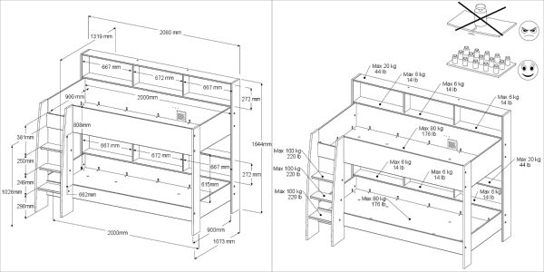 Parisot Kinder- und Jugendzimmer Shelter in wei� und Eiche Set 2-teilig mit Hochbett und Kleiderschrank