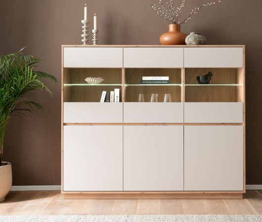 Highboard Kiruma in Kaschmir und Artisan Eiche Vitrine 164 x 138 cm, Soft-Close