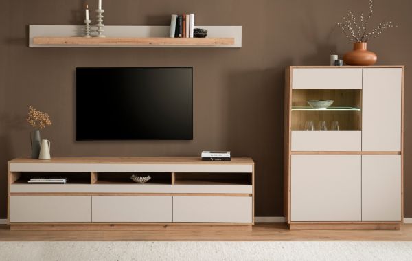 Wohnwand Kiruma in Kaschmir und Artisan Eiche Wohnkombination 3-teilig 292 cm, Soft-Close