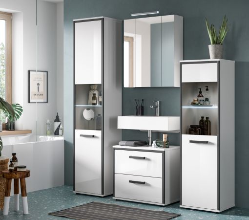 Badezimmer Midischrank Telly in wei� Hochglanz und grau Bad Kommode 40 x 139 cm