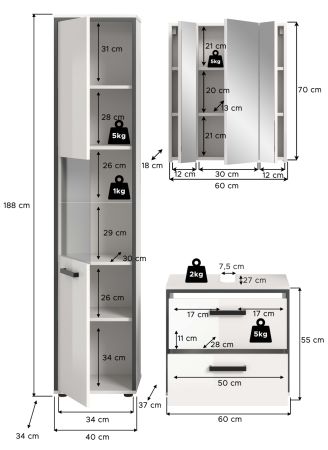 Badm�bel Set 3-teilig Telly in wei� Hochglanz und grau Badkombination 115 x 188 cm