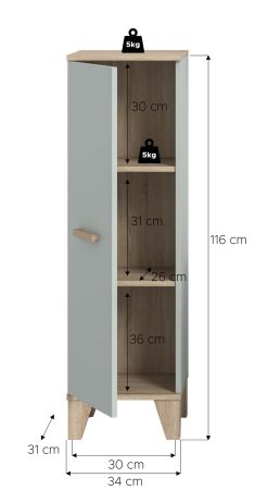 Badezimmer Midischrank Luna in gr�n und Eiche Bad Kommode skandinavisch 34 x 116 cm