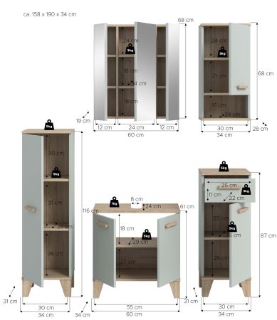 Badm�bel Set 5-teilig Luna in gr�n und Eiche Badkombination skandinavisch 158 x 190 cm
