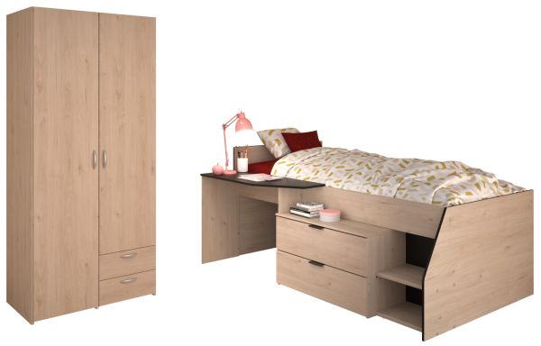 Parisot Kinder- und Jugendzimmer Milky in Eiche Jackson und schwarz Set 2-teilig mit Stauraumbett und Kleiderschrank