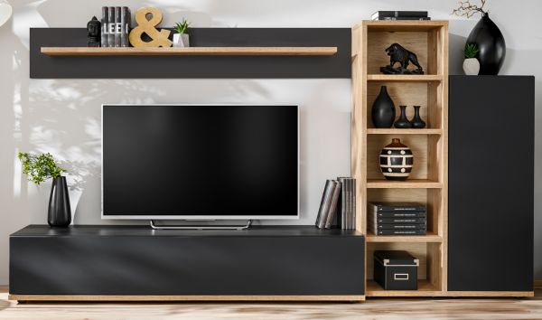 Wohnwand Lester in Schwarz und Eiche, Schrankwand 240 cm mit Push-to-Open