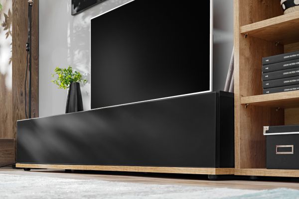 Wohnwand Lester in Schwarz und Eiche, Schrankwand 240 cm mit Push-to-Open