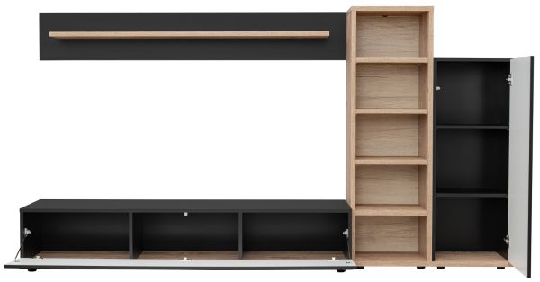 Wohnwand Lester in Schwarz und Eiche, Schrankwand 240 cm mit Push-to-Open