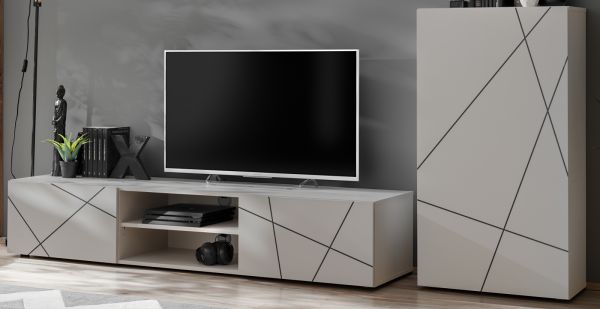 Wohnwand Metrik in Kaschmir mit Schwarz, Breite 180 - 250 cm, Push-to-Open-Funktion