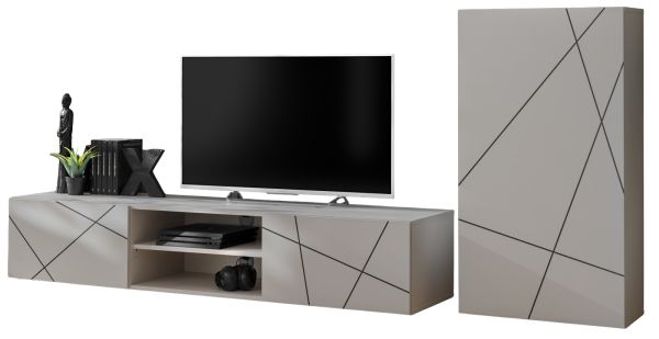 Wohnwand Metrik in Kaschmir mit Schwarz, Breite 180 - 250 cm, Push-to-Open-Funktion