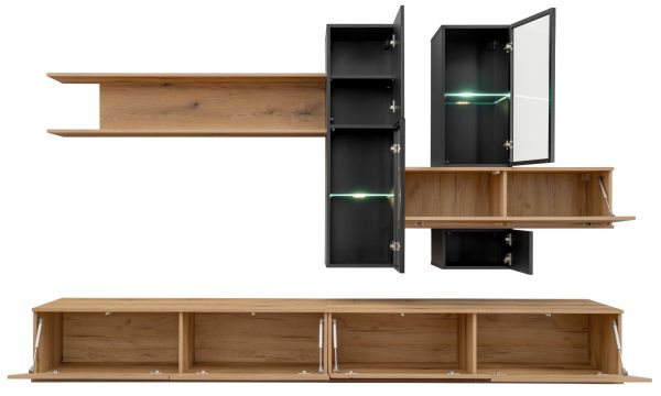 Wohnwand Area Eiche mit Schwarz 280 x 180 cm, inkl. Beleuchtung, Push-to-Open-Funktion
