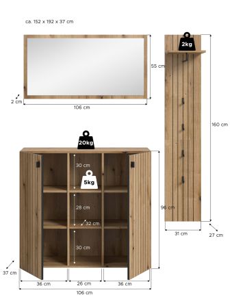 Garderobe Set 3-teilig Loreno in Evoke Eiche 152 x 192 cm