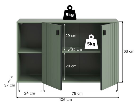 Flurkommode Loreno in Gr�n mit Rillen, Schuhschrank h�ngend 106 x 63 cm