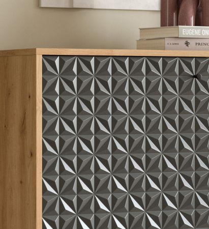 Sideboard Relief in Grau und Artisan Eiche, Kommode mit 3-D Struktur 169 x 76 cm, Vollauszug