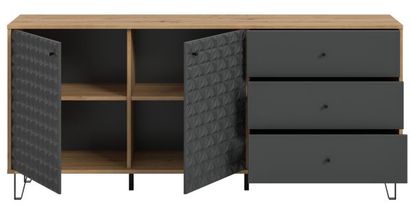 Sideboard Relief in Grau und Artisan Eiche, Kommode mit 3-D Struktur 169 x 76 cm, Vollauszug