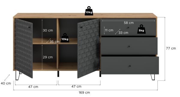 Sideboard Relief in Grau und Artisan Eiche, Kommode mit 3-D Struktur 169 x 76 cm, Vollauszug