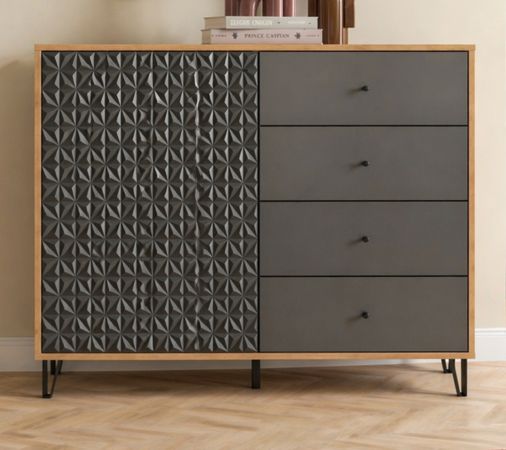 Kommode Relief in Grau und Artisan Eiche, Sideboard mit 3-D Struktur 110 x 96 cm, Vollauszug