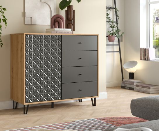Kommode Relief in Grau und Artisan Eiche, Sideboard mit 3-D Struktur 110 x 96 cm, Vollauszug