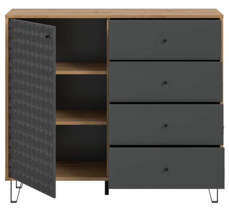 Kommode Relief in Grau und Artisan Eiche, Sideboard mit 3-D Struktur 110 x 96 cm, Vollauszug