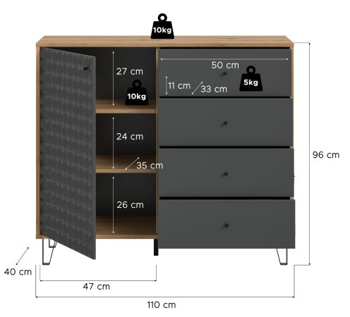 Kommode Relief in Grau und Artisan Eiche, Sideboard mit 3-D Struktur 110 x 96 cm, Vollauszug