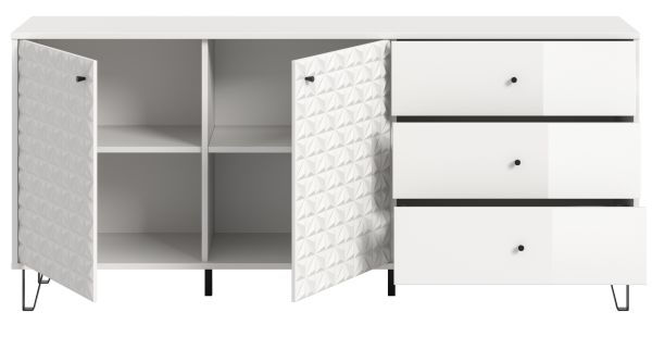 Sideboard Relief in Wei� Hochglanz, Kommode mit 3-D Struktur 169 x 76 cm, Vollauszug
