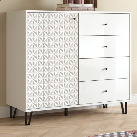 Kommode Relief in Wei� Hochglanz, Sideboard mit 3-D Struktur 110 x 96 cm, Vollauszug