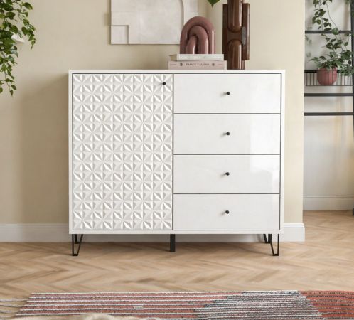 Kommode Relief in Wei� Hochglanz, Sideboard mit 3-D Struktur 110 x 96 cm, Vollauszug