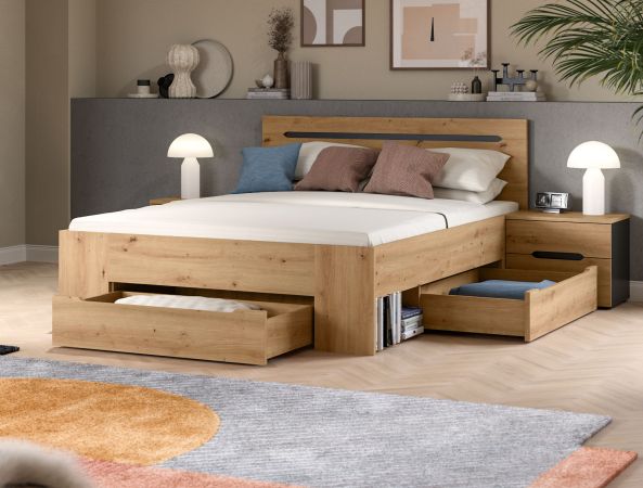 Bett Cooper in Artisan Eiche und grau Stauraumbett mit 3 x Bettschubkasten Liegefl�che 140 x 200 cm