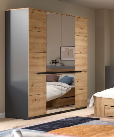 Kleiderschrank Cooper in Artisan Eiche und grau Dreht�renschrank 4-t�rig mit Spiegel 180 cm, Soft-Close