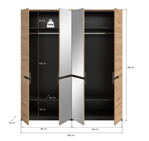 Kleiderschrank Cooper in Artisan Eiche und grau Dreht�renschrank 4-t�rig mit Spiegel 180 cm, Soft-Close