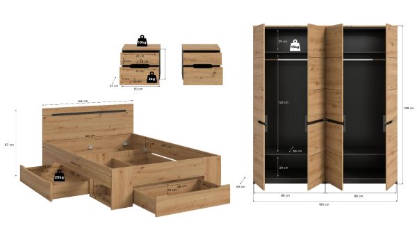 Schlafzimmer Set 4-teilig Cooper in Artisan Eiche und grau mit Kleiderschrank, Bett und 2x Nachttisch, Soft-Close
