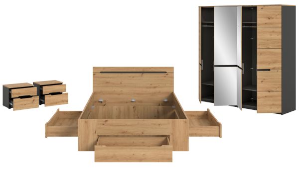 Schlafzimmer Set 4-teilig Cooper in Artisan Eiche und grau mit Kleiderschrank, Bett und 2x Nachttisch, Soft-Close