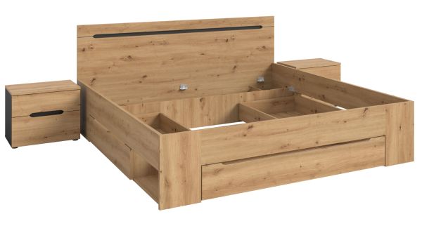 Schlafzimmer Set 3-teilig Cooper in Artisan Eiche und grau mit Bett Liegefl�che 180 x 200 cm und 2x Nachttisch