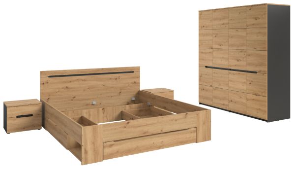 Schlafzimmer Set 4-teilig Cooper in Artisan Eiche und grau mit Kleiderschrank, Bett und 2x Nachttisch, Soft-Close
